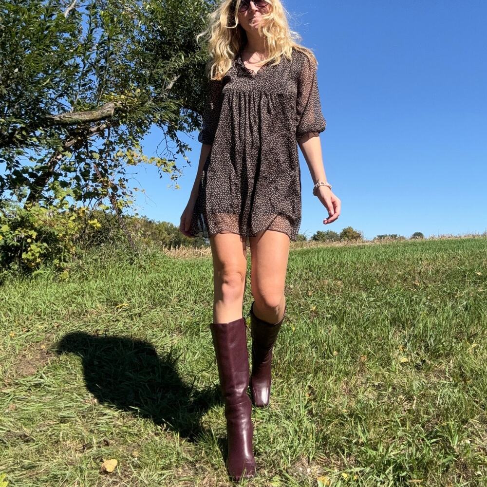 Zara Polka Dot Sheer Chiffon Mini Dress Brown Black Medium